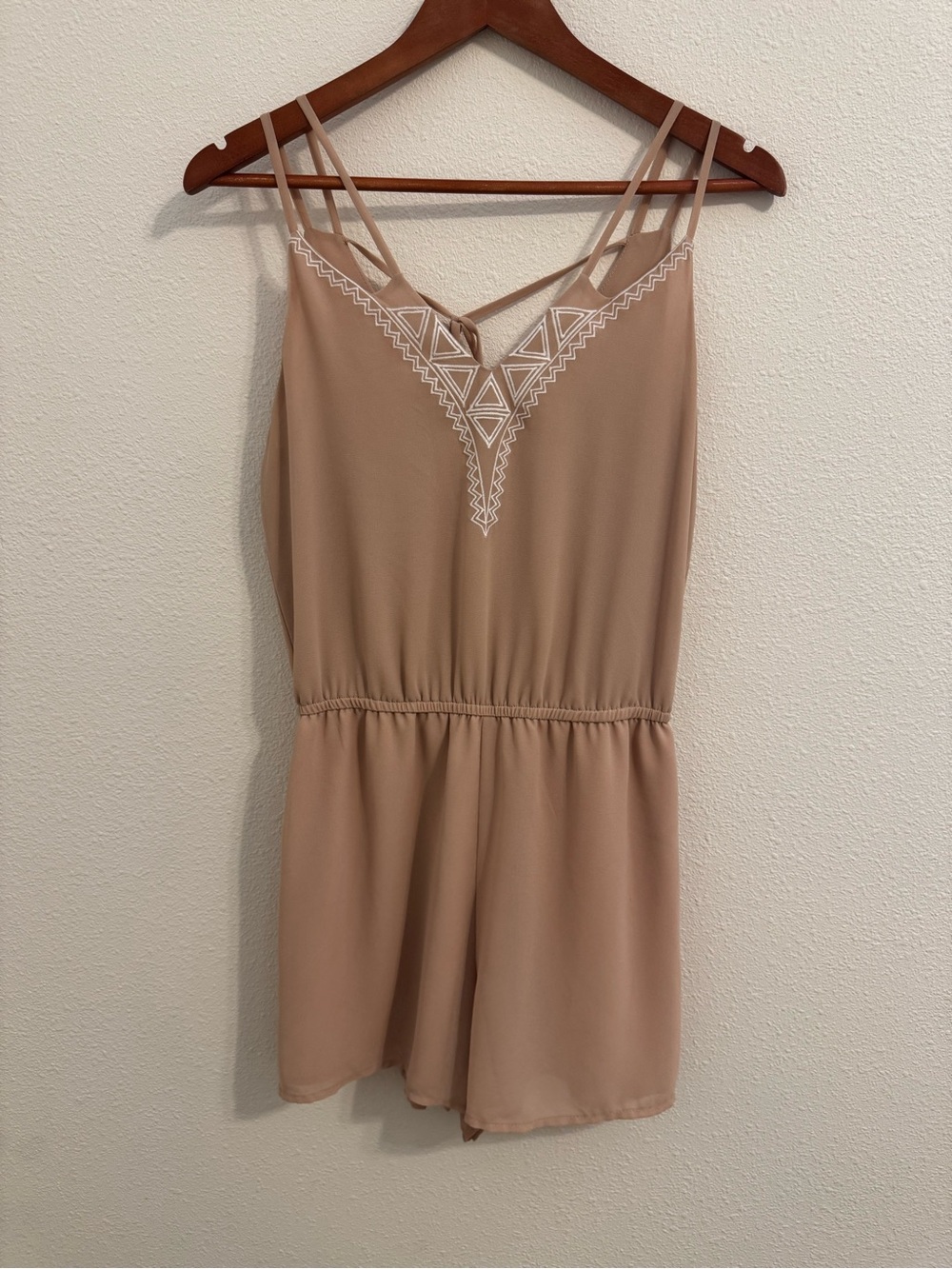 Love Fire Norah Small Tan Embroidered Strappy Romper